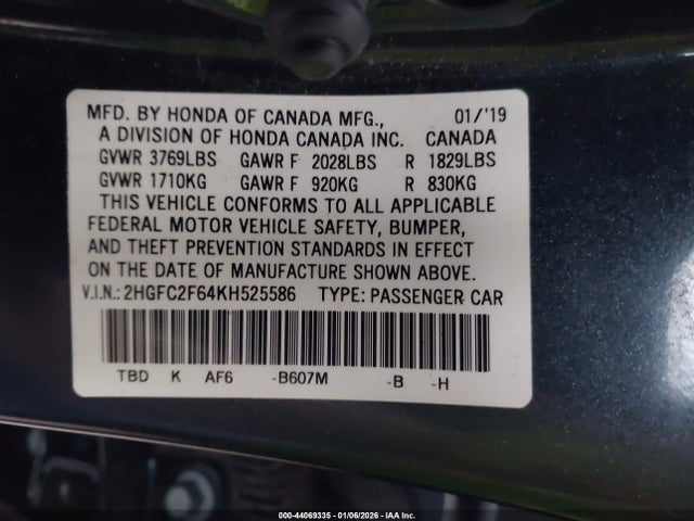 Продаж на аукціоні авто 2019 Honda Civic Lx, vin: 2HGFC2F64KH525586, номер лоту: 44069335