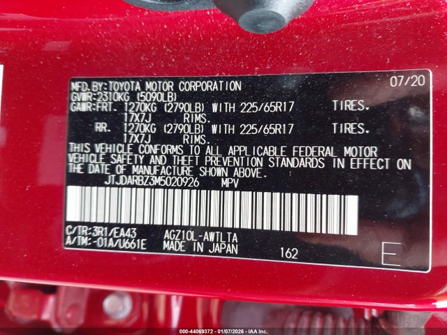 Aukcja sprzedaży 2021 Lexus Nx 300, vin: JTJDARBZ3M5020926, numer aukcji: 44069372