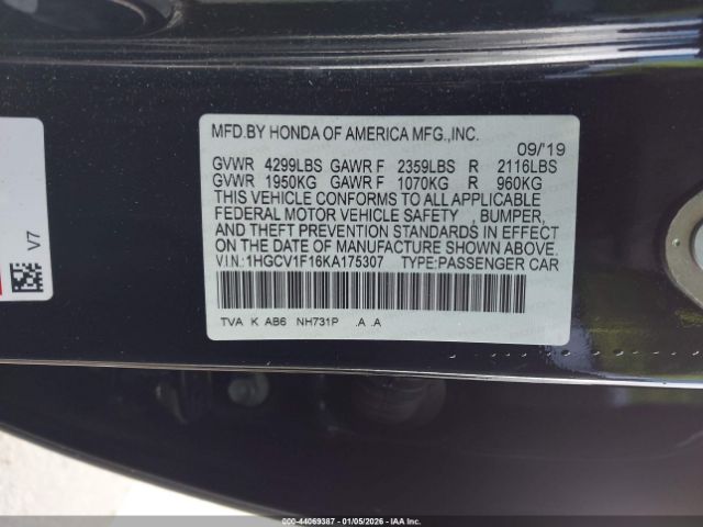2019 HONDA ACCORD 1HGCV1F16KA175307 Photo 8