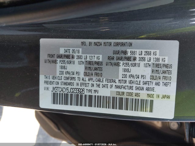 Aukcja sprzedaży 2018 Mazda Cx-9 Touring, vin: JM3TCACY5J0233926, numer aukcji: 44069471