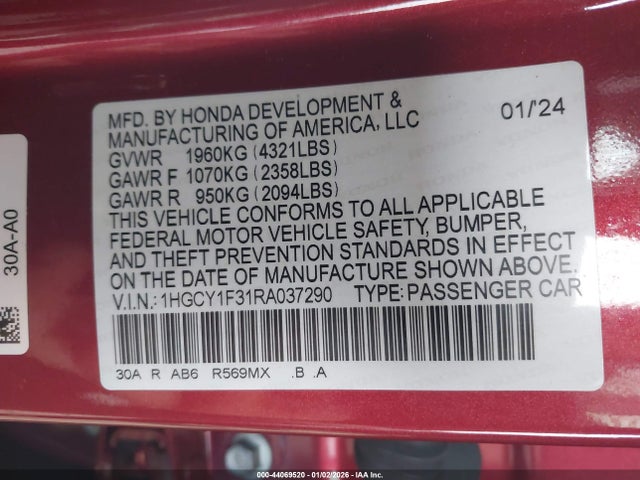 1HGCY1F31RA037290 Honda ACCORD EX