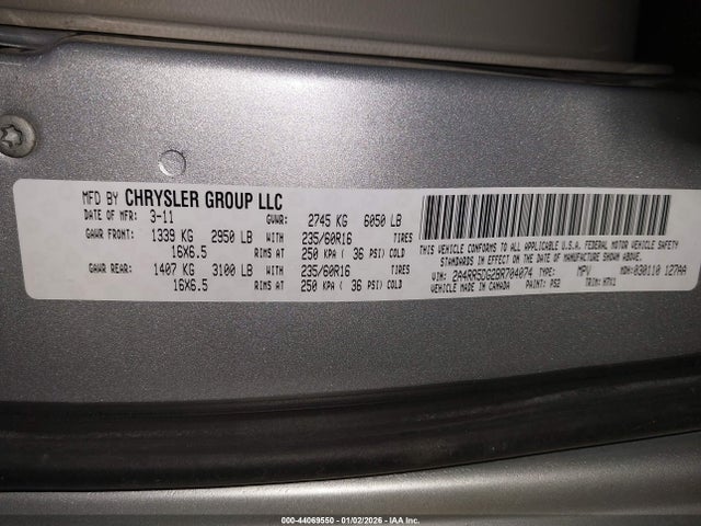2011 Chrysler Town & Country Touring მანქანა იყიდება აუქციონზე, vin: 2A4RR5DG2BR704074, აუქციონის ნომერი: 44069550