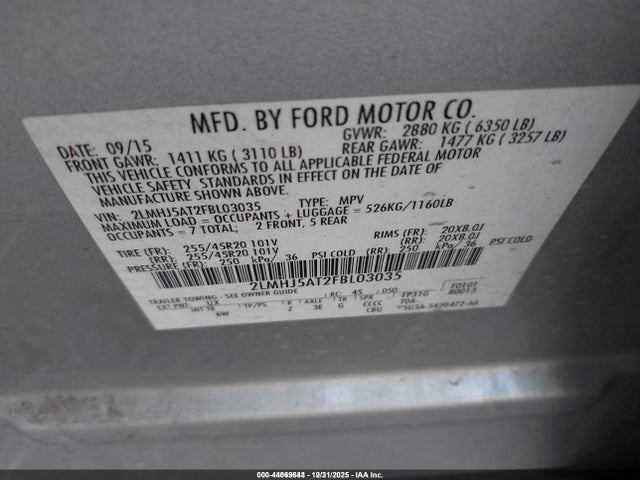 Продаж на аукціоні авто 2015 Lincoln Mkt Ecoboost, vin: 2LMHJ5AT2FBL03035, номер лоту: 44069643