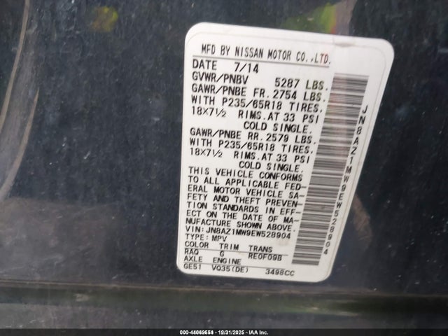 44069654 :رقم المزاد ، JN8AZ1MW9EW528904 vin ، 2014 Nissan Murano Sl مزاد بيع