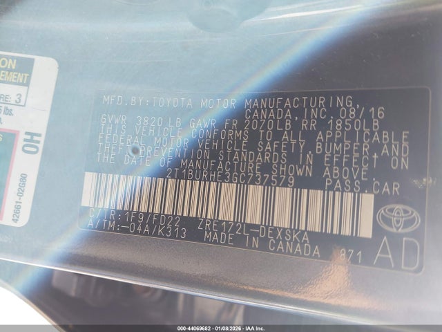 2016 TOYOTA COROLLA 2T1BURHE3GC737579 Photo 8