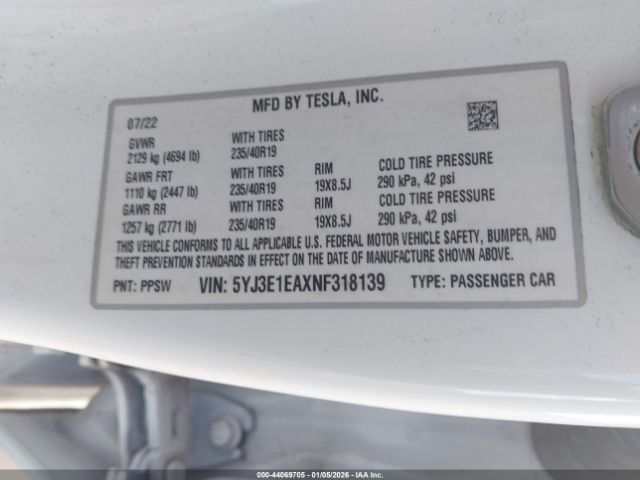 2022 TESLA MODEL 3 5YJ3E1EAXNF318139 Photo 8