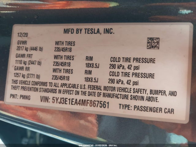 Aukcja sprzedaży 2021 Tesla Model 3 Standard Range Plus Rear-wheel Drive, vin: 5YJ3E1EA4MF867561, numer aukcji: 44069740