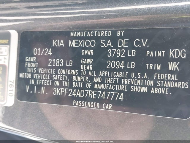 3KPF24AD7RE747774 KIA Forte Lxs