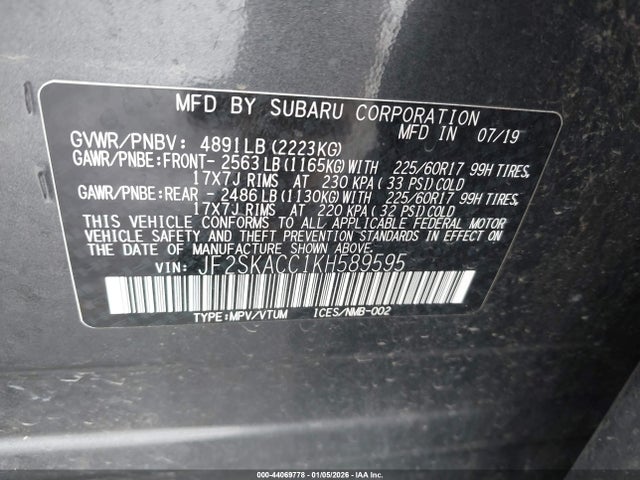 Продажа на аукционе авто 2019 Subaru Forester, vin: JF2SKACC1KH589595, номер лота: 44069778
