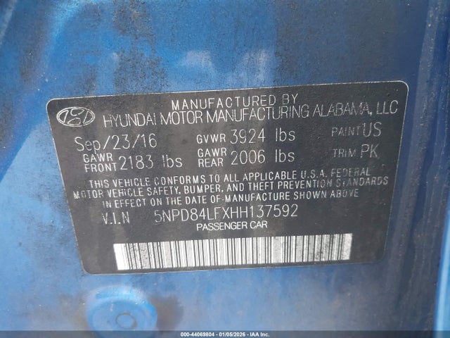 5NPD84LFXHH137592 Hyundai ELANTRA SE