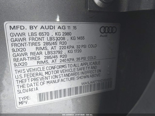 44069834 :رقم المزاد ، WA1LAAF71HD004531 vin ، 2017 Audi Q7 3.0t Premium مزاد بيع