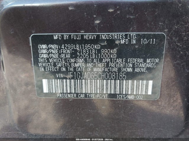 44069846 :رقم المزاد ، JF1GJAD65CH008185 vin ، 2012 Subaru Impreza 2.0i Premium مزاد بيع