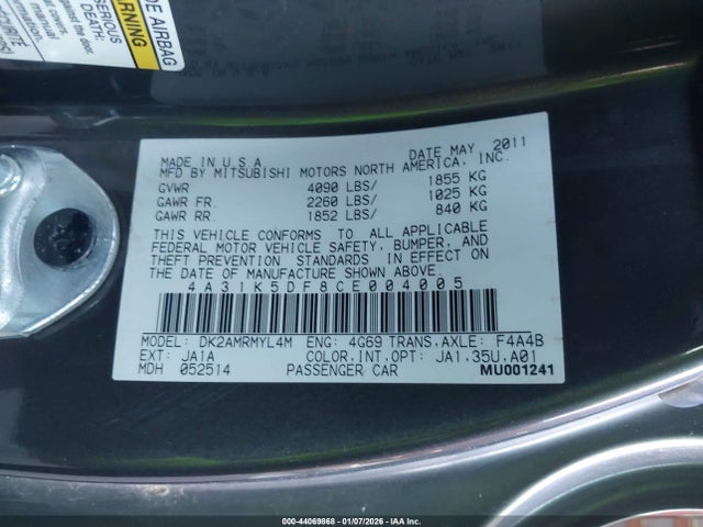 2012 MITSUBISHI ECLIPSE 4A31K5DF8CE004005 Photo 8