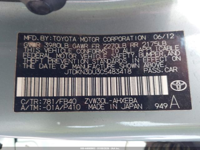 2012 TOYOTA PRIUS JTDKN3DU3C5483418 Photo 8