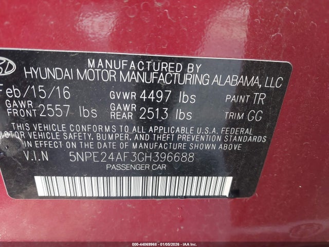 Hyundai Sonata 2016 5NPE24AF3GH396688 Image 9
