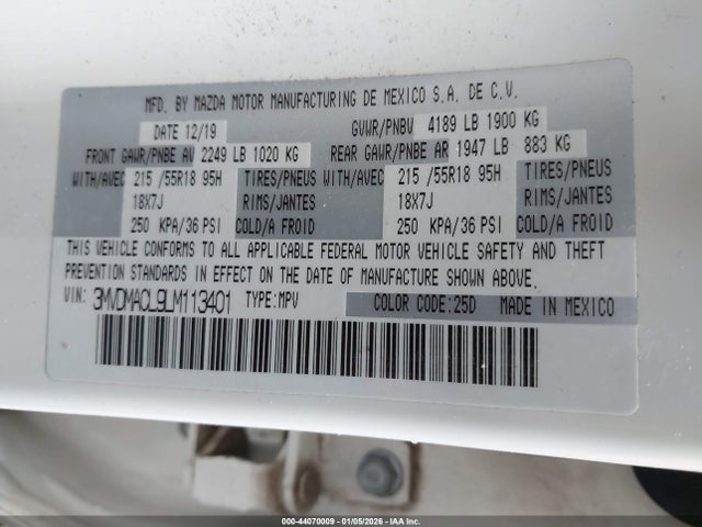 44070009 :رقم المزاد ، 3MVDMACL9LM113401 vin ، 2020 Mazda Cx-30 Select Package مزاد بيع