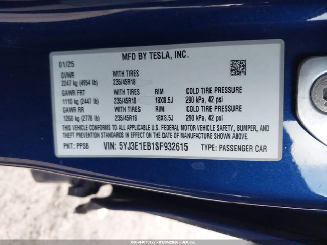 Aukcja sprzedaży 2025 Tesla Model 3 Long Range All-wheel Drive, vin: 5YJ3E1EB1SF932615, numer aukcji: 44070127