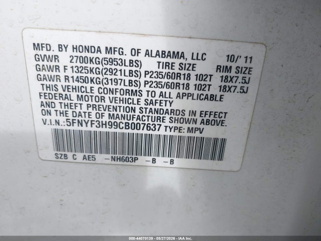 2012 Honda Pilot Touring მანქანა იყიდება აუქციონზე, vin: 5FNYF3H99CB007637, აუქციონის ნომერი: 44070139