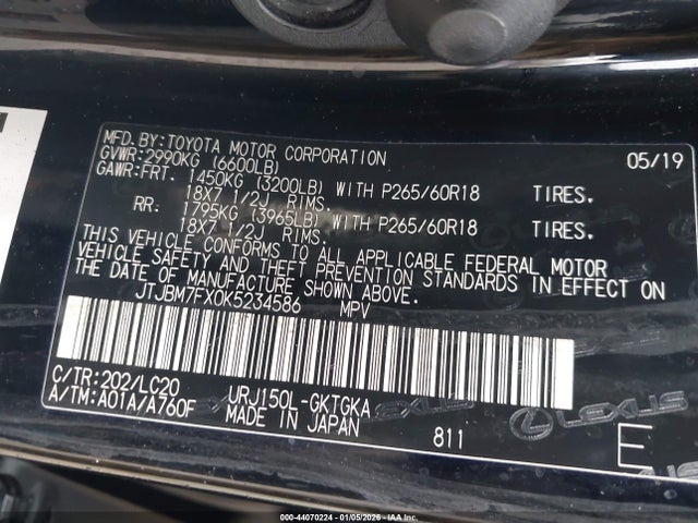 Продажа на аукционе авто 2019 Lexus Gx 460 Premium, vin: JTJBM7FX0K5234586, номер лота: 44070224