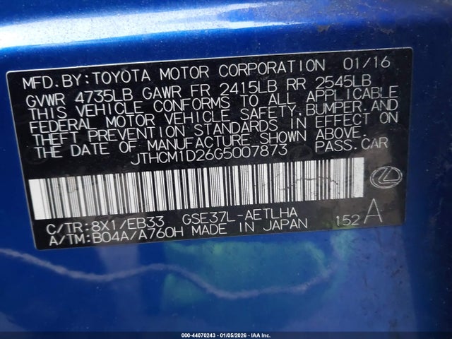 Продаж на аукціоні авто 2016 Lexus Is 300, vin: JTHCM1D26G5007873, номер лоту: 44070243