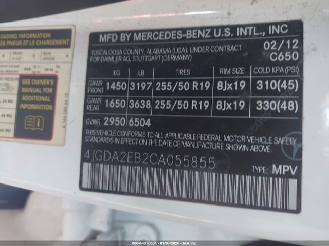Aukcja sprzedaży 2012 Mercedes-benz Ml 350 Bluetec 4matic, vin: 4JGDA2EB2CA055855, numer aukcji: 44070361
