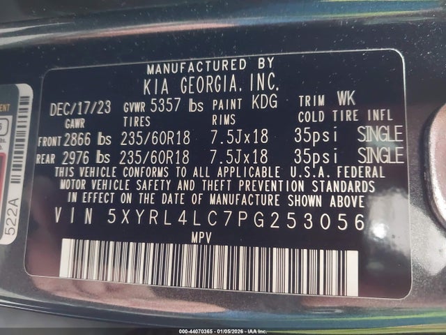 2023 Kia Sorento S მანქანა იყიდება აუქციონზე, vin: 5XYRL4LC7PG253056, აუქციონის ნომერი: 44070365