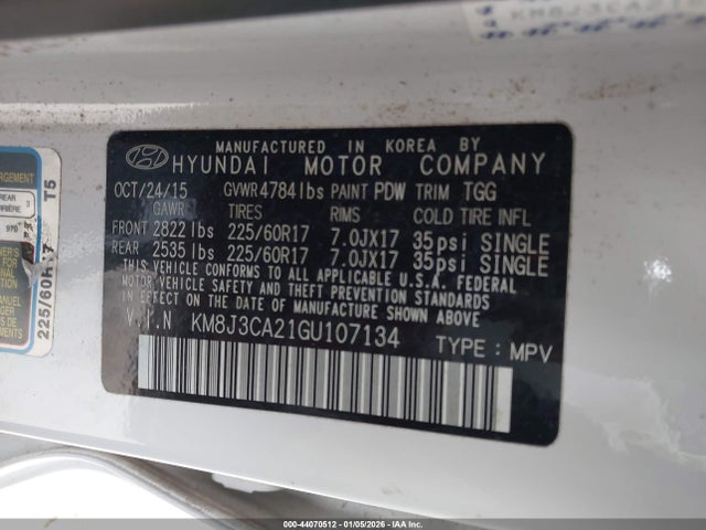 44070512 :رقم المزاد ، KM8J3CA21GU107134 vin ، 2016 Hyundai Tucson Eco مزاد بيع