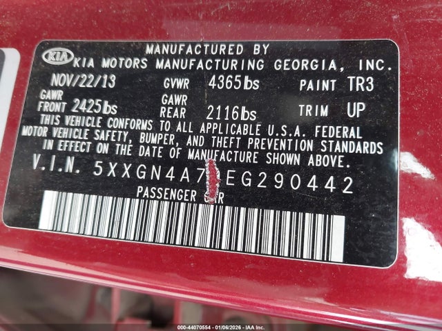 44070554 :رقم المزاد ، 5XXGN4A79EG290442 vin ، 2014 Kia Optima Ex مزاد بيع