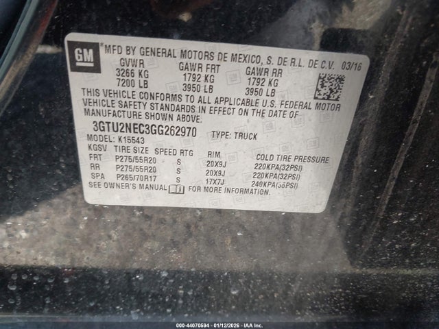 Aukcja sprzedaży 2016 Gmc Sierra 1500 Slt, vin: 3GTU2NEC3GG262970, numer aukcji: 44070594