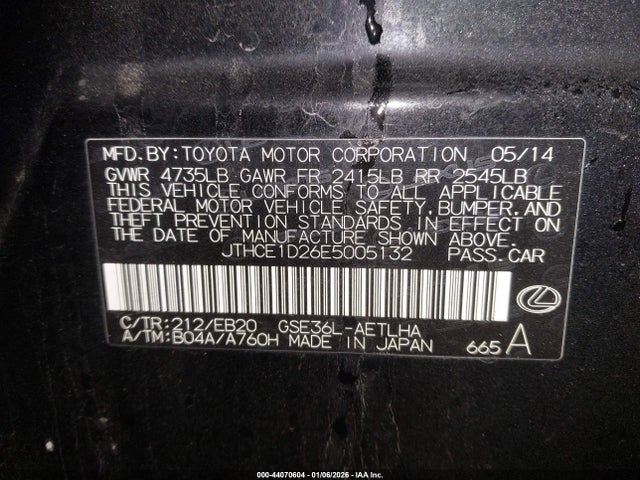 Aukcja sprzedaży 2014 Lexus Is 350, vin: JTHCE1D26E5005132, numer aukcji: 44070604