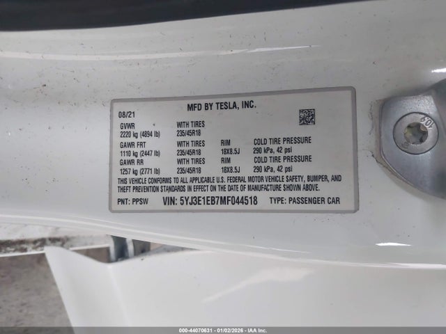 Продажа на аукционе авто 2021 Tesla Model 3 Long Range Dual Motor All-wheel Drive, vin: 5YJ3E1EB7MF044518, номер лота: 44070631