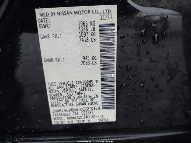 2022 Nissan Altima Sr Fwd მანქანა იყიდება აუქციონზე, vin: 1N4BL4CV0NN302368, აუქციონის ნომერი: 44070635
