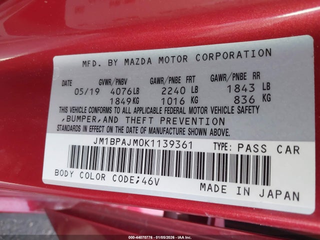 44070776 :رقم المزاد ، JM1BPAJM0K1139361 vin ، 2019 Mazda Mazda3 مزاد بيع