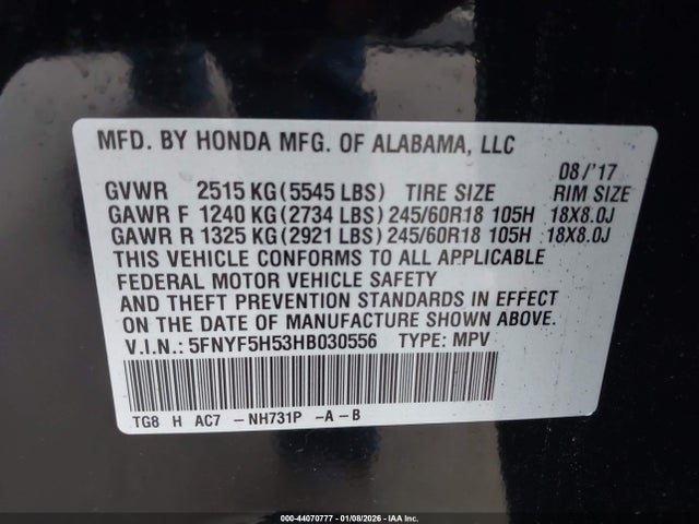 5FNYF5H53HB030556 Honda Pilot Ex-l