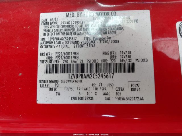 2012 FORD MUSTANG 1ZVBP8AM2C5245617 Photo 8