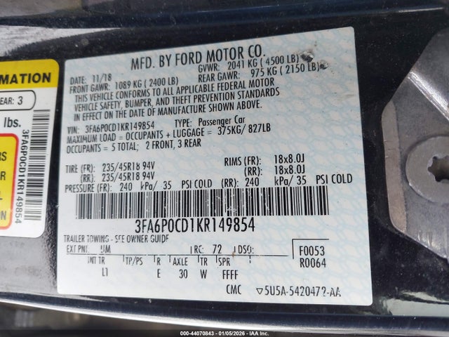 Ford FUSION SEL 2019 3FA6P0CD1KR149854 Image 9
