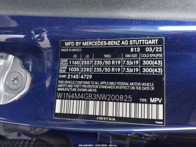 Aukcja sprzedaży 2022 Mercedes-benz Glb 250, vin: W1N4M4GB3NW200825, numer aukcji: 44070847