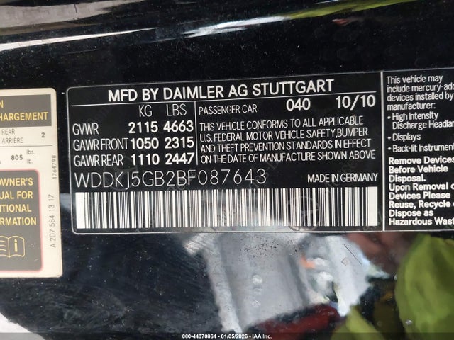 44070864 :رقم المزاد ، WDDKJ5GB2BF087643 vin ، 2011 Mercedes-benz E 350 مزاد بيع