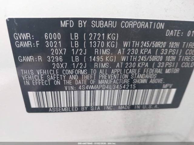 Продаж на аукціоні авто 2020 Subaru Ascent Limited, vin: 4S4WMAPD4L3454215, номер лоту: 44070940