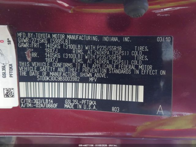 2011 TOYOTA SIENNA 5TDDK3DC9BS003982 Photo 8