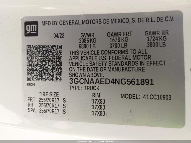 3GCNAAED4NG561891 Chevrolet Silverado 1500 2wd Long Bed Wt