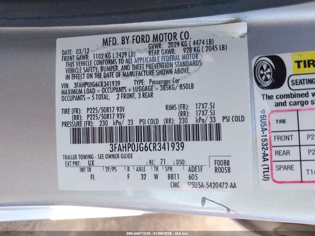 2012 FORD FUSION 3FAHP0JG6CR341939 Photo 8