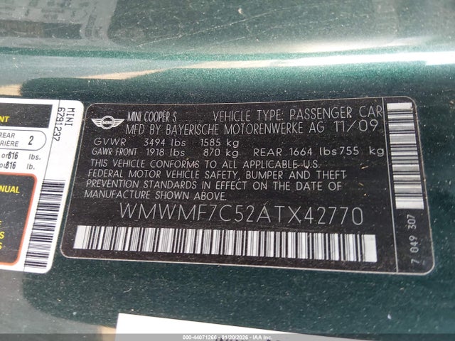 2010 MINI COOPER S WMWMF7C52ATX42770 Photo 8