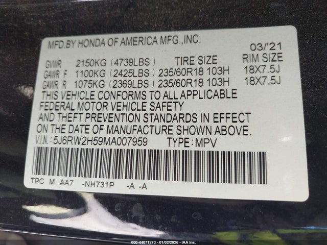 5J6RW2H59MA007959 Honda Cr-v Awd Ex