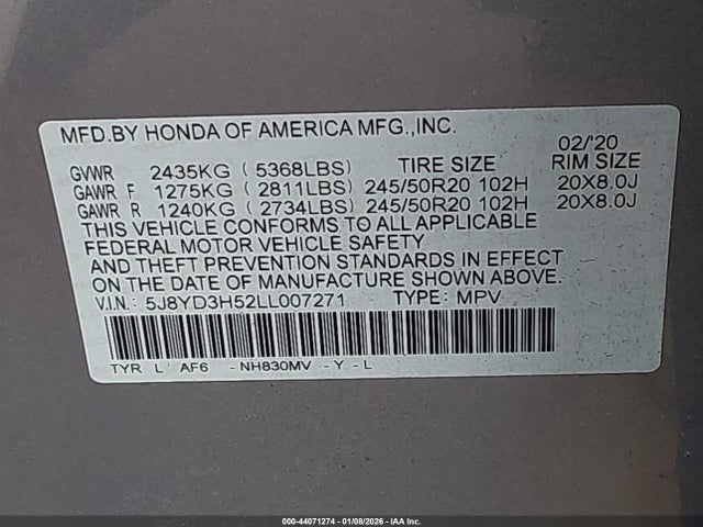 Aukcja sprzedaży 2020 Acura Mdx Technology Package, vin: 5J8YD3H52LL007271, numer aukcji: 44071274
