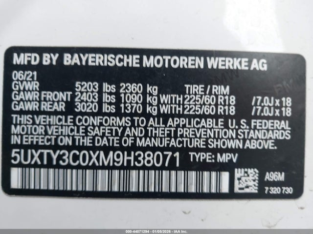 44071294 :رقم المزاد ، 5UXTY3C0XM9H38071 vin ، 2021 Bmw X3 Sdrive30i مزاد بيع