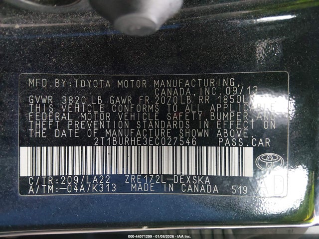 44071299 :رقم المزاد ، 2T1BURHE3EC027546 vin ، 2014 Toyota Corolla S Premium مزاد بيع