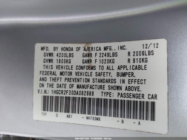 Продажа на аукционе авто 2013 Honda Accord Lx, vin: 1HGCR2F30DA082989, номер лота: 44071304