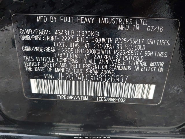 Продаж на аукціоні авто 2016 Subaru Crosstrek 2.0i Limited, vin: JF2GPANCXG8326937, номер лоту: 44071325