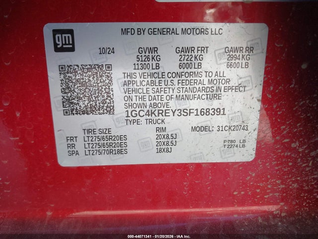 1GC4KREY3SF168391 Chevrolet Silverado 2500hd 4wd Standard Bed High Country
